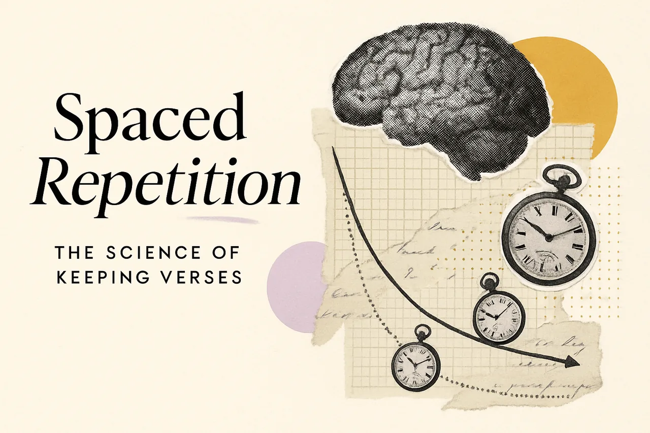 Spaced Repetition for Scripture Memory — editorial collage illustration